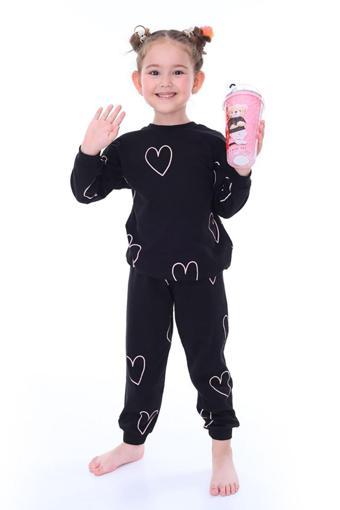 Kız Çocuk Siyah Kalpli Eşofman Takımı Uzun Kollu Pamuklu Rahat Ev Giyim Pijama Takımı