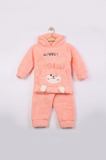Kız Bebek Çocuk 2'li Polar Takım Tavşanlı Kapüşonlu Peluş Kışlık Günlük Rahat Giyim