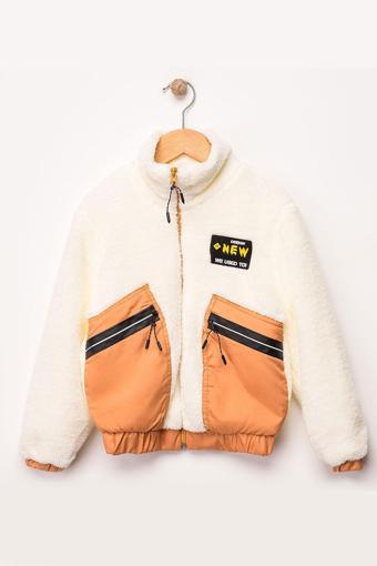 Unisex Çocuk Polar Mont Fermuarlı Cepli Peluş Şişme Mont Kışlık Kalın Ceket Hardal Beyaz
