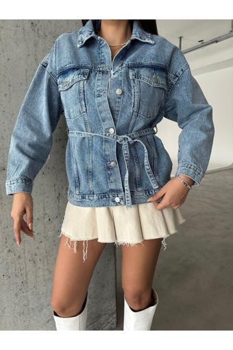 Swet Shop Jeans Kadın Beli Kuşaklı Mavi Kar Yıkama Oversize Kot Ceket Mavi L