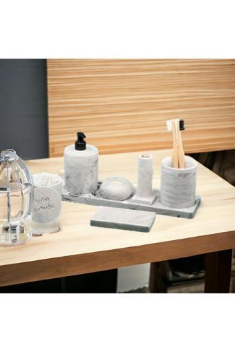 Trust Stone 7'Li Mermer Desenli Banyo Seti, Sıvı Sabunluk Diş Fırçalığı,Tepsili,Mmumluklu Beton Aksesuar Takımı