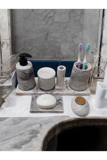 Trust Stone 7'Li Mermer Desenli Banyo Seti,Sıvı Sabunluk Diş Fırçalığı Beton Aksesuar Takım