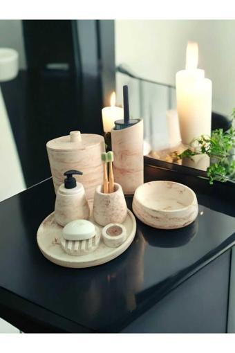 Trust Stone Mermer Desen Tam Beton Banyo Seti,Tuvalet Fırçası,Çöp Kovası,Katı,Sıvı Sabunluk,Tepsi