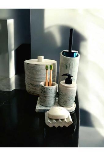 Trust Stone Yeşil Mermer Desen Beton Banyo Seti,Çöp Kovasi Ve Fırçası,Katı,Sıvı Sabunluk,Diş Fırçalığı,Mumluk
