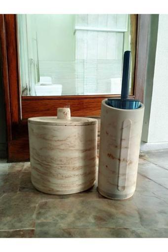 Trust Stone Mermer Desenli Bej Beton Çöp Kovası Ve Wc Fırçalık Seti