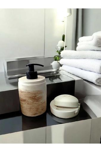 Trust Stone Marble Bej  Banyo Seti,Sıvı Sabunluk Diş Fırçalığı Beton Aksesuar Takımı