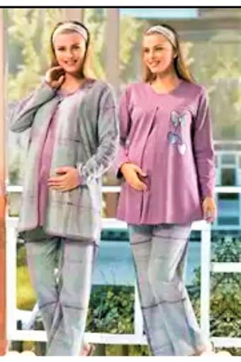 Gecem Lohusa 3'Lü Pijama Takımı Gri - Mor M
