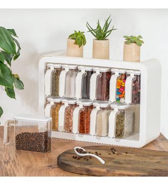 Porsima 1252 Standlı Kaşıklı Kapaklı Baharatlık Takımı Beyaz 12'li