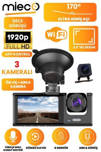 Mieco 1S Wifi/1920P FHD/170° Ultra Geniş Açı/Gece görüşü ve G-Sensörü/ 3 Kameralı Araç Kamerası (2025)