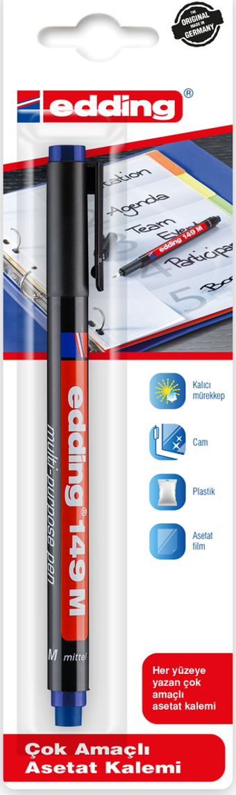 Edding 149 M Çok Amaçlı Asetat Kalemi - Permanent Kalem Silgili 1.0Mm Mavi (Tekli Blister Paket)