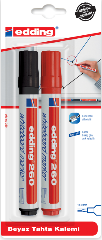 Edding 260 Beyaz Yazı Tahtası Kalemi 1.5-3Mm 2 Li Siyah - Kırmızı (Blister Paket)