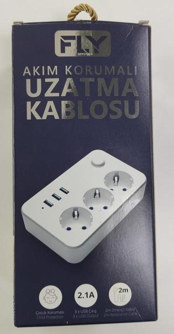 FLY 3406-01 3Lü Anahtarlı 2.1A 3Usb Şarj Çıkışı 2 Metre Anahtarlı Akım Korumalı Priz Çocuk Koruması