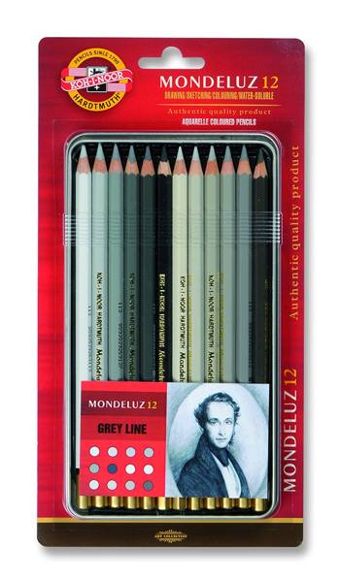 Koh-i Noor Mondeluz Sanatsal Aquarell Boya Kalemi 12 Renk Gri Tonları Metal Kutu 3722-012010BL