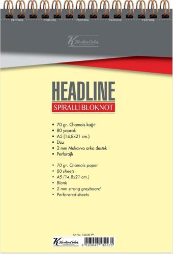 Keskin Color Bloknot (Not Defteri) A5 80 Yaprak Çizgisiz Karton Kapak Spiralli Headline 145430-99 (6 Lı Paket)