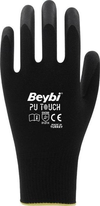 Beybi 8 Beden İş Eldiveni Poliüretan Kaplı Pu Touch Siyah Montaj Eldiveni (12 Li Paket)