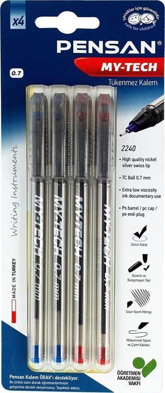 Pensan 2240 My-Tech Tükenmez Kalem 0,7 Mm Karışık Renk (4 Lü set) PE02240TKMT04