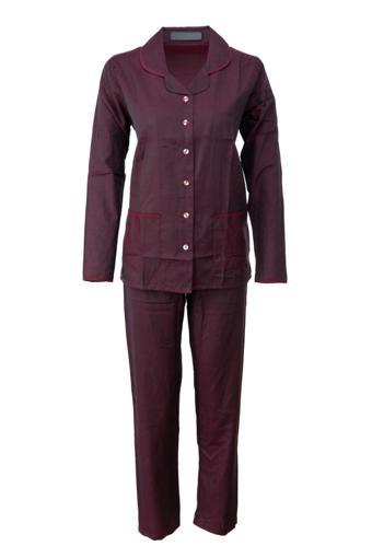 Oppland Kadın Şık Klasik Model Pijama Takımı Premium %100Pamuk Poplin Kumaş Düğmeli Tarz Model Cepli Vişne L