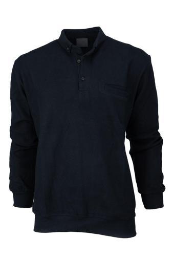 Oppland Erkek Kışlık Kazak Pamuklu Örme Düğmeli Polo Yaka Cepli Uzun Kollu Biskay Desenli Rahat Siyah 6XL