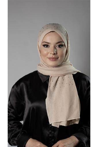 Hürrem Bone Bej Pratik Hazır Geçmeli Tesettür Şal Örme Kumaş Taş Desenli 2118T_12