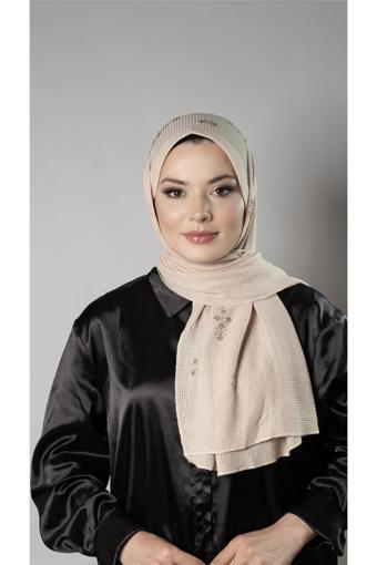 Hürrem Bone Bej Pratik Hazır Geçmeli Tesettür Şal Örme Kumaş Taşlı Çiçek Desenli  2118C_12