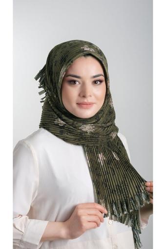 Hürrem Bone Haki Pratik Hazır Geçmeli Tesettür Eşarp Kesik Elyaf Piliseli Çiçek Desenli 1818D6_09