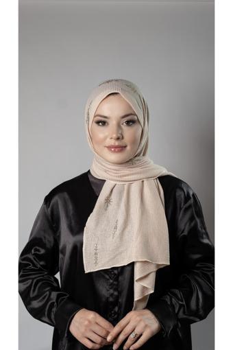 Hürrem Bone Bej Pratik Hazır Geçmeli Tesettür Şal Örme Kumaş Taşlı Yıldız Desenli  2118Y_12