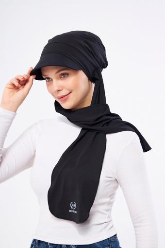 Hürrem Bone Siyah Şapkalı Atkılı Geçmeli Tesettür Bone Swimmy Logolu 2321_01