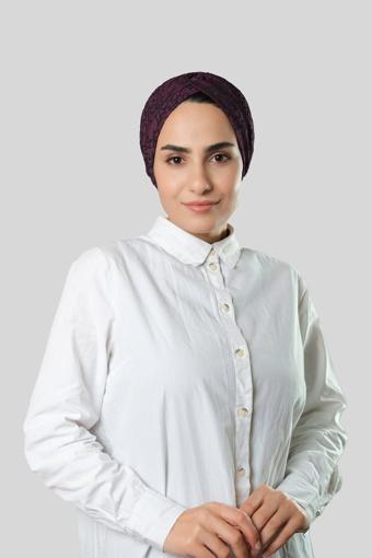 Hürrem Bone Mürdüm Pratik Hazır Geçmeli Tesettür Bone Jakar Kendinden Desenli 1209_07