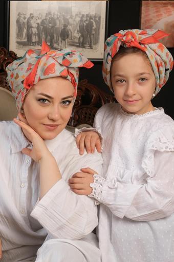 Giverny Kiremit Dijital Baskılı Anne Kız Kombin Tesettür Eşarp Pamuk Polyester Yıldız Desenli 6004_05