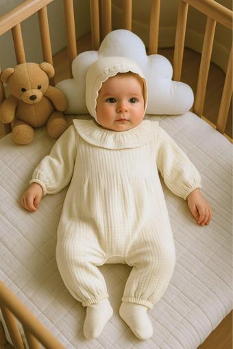 Minytrendy Kız Bebek Yenidoğan Tulum Organik Müslin Fırfırlı Bebe Yaka Bebek Takım Hastane Çıkışı Hediyelik