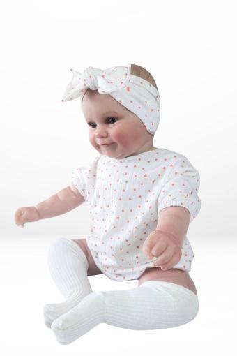 Minytrendy Kız Bebek Yenidoğan Romper Kalp Desenli Bandana & Şapka Set Yeni Doğan Hediyelik Body Tulum