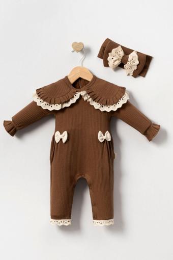 Minytrendy Kız Bebek Yenidoğan Tulum Bebe Yaka Fisto Detaylı Bandanalı Takım Mevlüt Kıyafeti Hediyelik