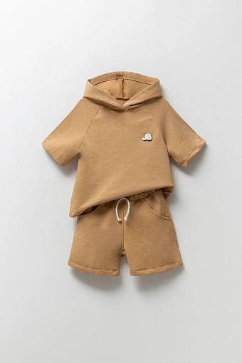 Minytrendy Erkek Bebek Oversize Kapüşonlu Kısa Kollu Tişört Ve Şort 2'Li Takım Hediyelik Bayramlık Yazlık Takım