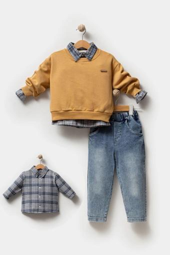 Minytrendy Erkek Bebek Çocuk Collage Cool Boy Gömlekli Sweatshirt Spor Alt Üst Takım Bayramlık Takım