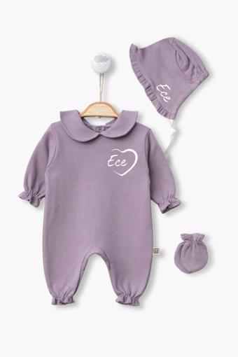 Minytrendy Kız Bebek İsimli Bebe Yaka Ingiliz Şapka&Eldivenli Yenidoğan Tulum Takımı Hastane Çıkışı Hediyelik