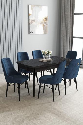 Asaella Mobilya Jusie Siyah Mermer Desen 80X132 Açılabilir Yemek Odası Takımı 6 Adet Sandalye