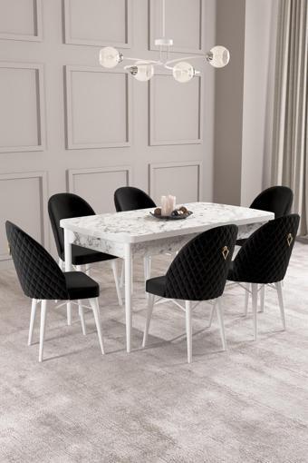 Asaella Mobilya Arya Beyaz Mermer Desen 80X132 Mdf Açılabilir Mutfak Masası Takımı 6 Adet Sandalye