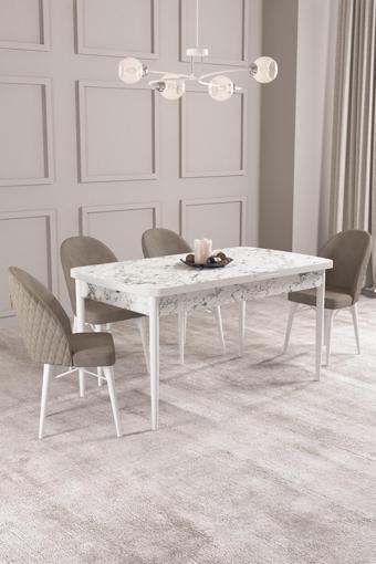 Asaella Mobilya Arya Beyaz Mermer Desen 80X132 Mdf Açılabilir Mutfak Masası Takımı 4 Adet Sandalye