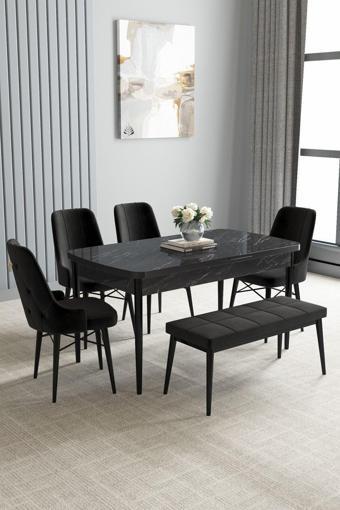 Asaella Mobilya Jusie Siyah Mermer Desen 80X132 Açılabilir Yemek Odası Takımı 4 Sandalye, 1 Bench
