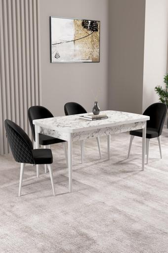 Asaella Mobilya Lima Beyaz Mermer Desen 70X114 Mdf Açılabilir Mutfak Masası Takımı 4 Adet Sandalye