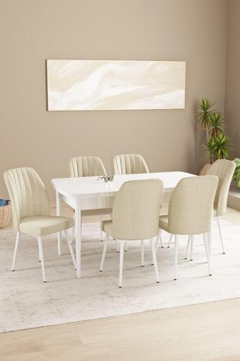 Asaella Mobilya Floryn Beyaz Mermer Desen 80 X 132 Açılabilir Mdf Mutfak Masa Takımı 6 Sandalye