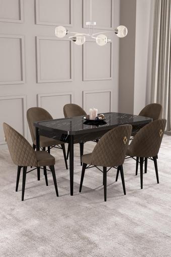 Asaella Mobilya Arya Siyah Mermer Desen 80X132 Mdf Açılabilir Yemek Masası Takımı 6 Adet Sandalye