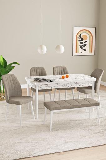 Asaella Mobilya Laris Beyaz Mermer Desen 80 X 132 Benchli Açılabilir Mdf Mutfak Masa Takımı 4 Sandalye