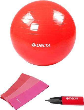 Delta 55 cm Pilates Topu 3'lü Pilates Bandı Egzersiz Direnç Lastiği Pilates Topu Pompası 5'li Set