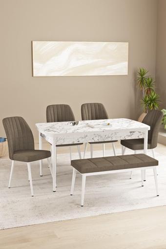 Asaella Mobilya Floryn Beyaz Mermer Desen 80 X 132 Benchli Açılabilir Mdf Mutfak Masa Takımı 4 Sandalye