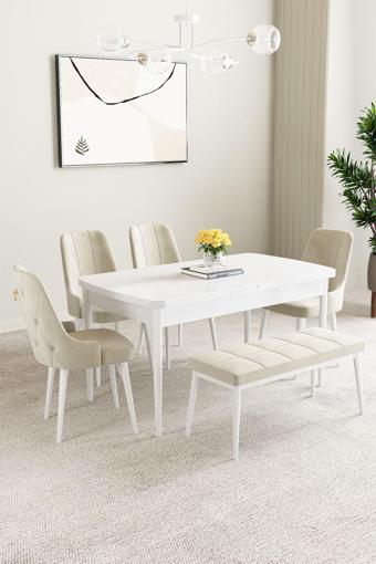 Asaella Mobilya Mabel Beyaz 80X132 Açılabilir Yemek Odası Takımı 4 Sandalye, 1 Bench