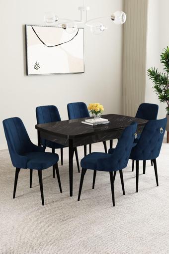 Asaella Mobilya Mabel Siyah Mermer Desen 80X132 Mdf Açılabilir Mutfak Masası Takımı 6 Adet Sandalye