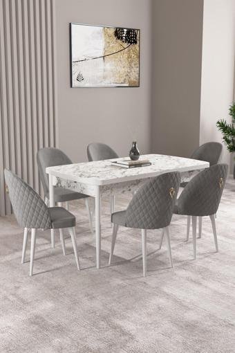 Asaella Mobilya Milas Beyaz Mermer Desen 80X132 Mdf Açılabilir Yemek Masası Takımı 6 Adet Sandalye
