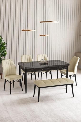 Asaella Mobilya Lara Siyah Mermer Desen 80 X 132 Açılabilir Mdf Mutfak Masası 4 Sandalye, 1 Bench