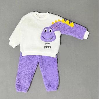 1-2-3 Yaş Minik Dino Kollu Kuzu Kumaş Sweat Pantolon Uzun Kollu Kız Erkek 2 Li Takımı